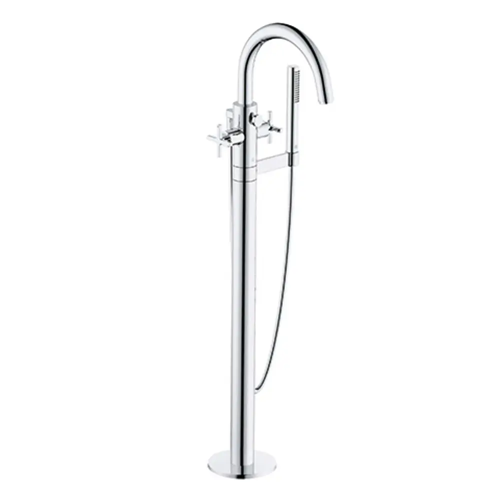 Freistehende Wannenarmatur in chrom mit einem hohen, geschwungenen Auslauf und einem Handbrauseanschluss von Kludi. Ideal für moderne Badezimmer-Designs.